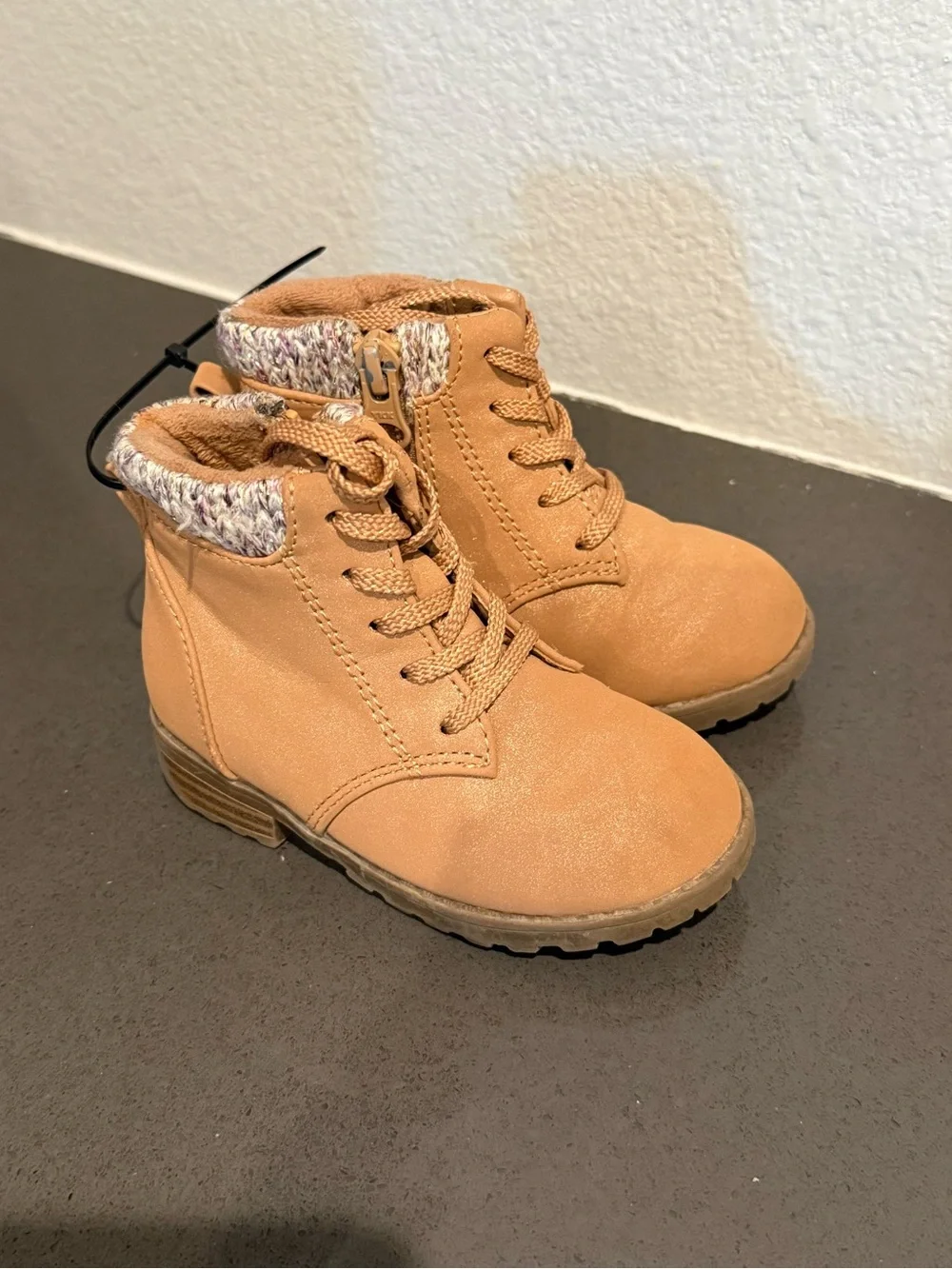 Cat & Jack Tan Lace-Up Ankle Boots with Knit Collar